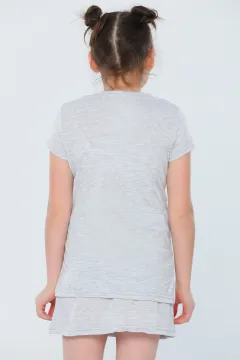 Kız Çocuk Likralı Pul Payetli T-shirt Etek İkili Takım GriPudra