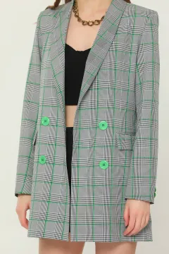 Kadın İç Astarlı Ekose Desenli Blazer Ceket Griyeşil
