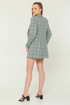 Kadın İç Astarlı Ekose Desenli Blazer Ceket Griyeşil
