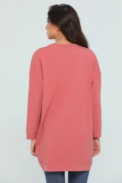 Kadın Salaş Likralı Uzun Kol Tunik Sweatshirt Gülkurusu