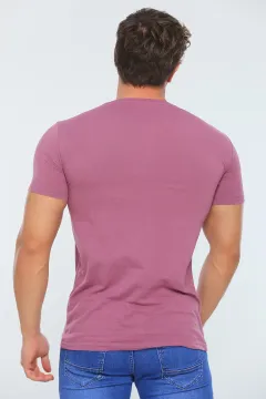 Erkek Likralı Bisiklet Yaka Renk Bloklu Slim Fit Baskılı T-shirt Gülkurusu