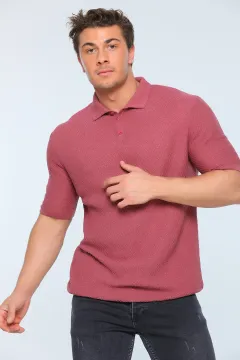 Erkek Likralı Polo Yaka Mevsimlik Triko T-shirt Gülkurusu