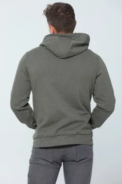 Erkek Kapüşonlu Fermuarlı Basic Sweatshirt Haki