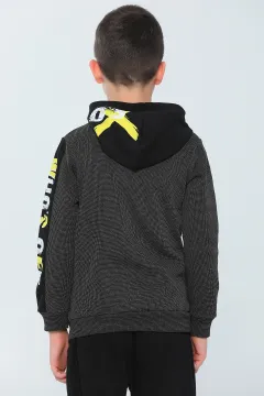 Erkek Çocuk Kapüşonlu Şardonlu Baskılı Sweatshirt Haki