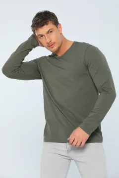 Erkek Likralı V Yaka Uzun Kollu Basic Body Sweatshirt Haki