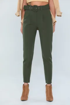 Kadın Yüksek Bel Kemerli Bilek Boy Kumaş Pantolon Haki