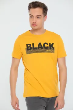 Erkek Likralı Black Baskılı T-shirt Hardal