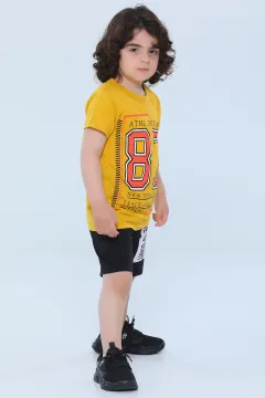 Erkek Çocuk Bisiklet Yaka Baskılı T-shirt Şort İkili Takım Hardal
