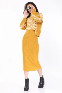 Kadın Kazak Kombinli Triko Elbise Hardal