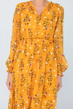 Kadın V Yaka İç Astarlı Çiçek Desenli Şifon Elbise Hardal