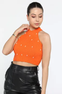 İnci Detaylı Mevsimlik Kadın Triko Crop Bluz Orange