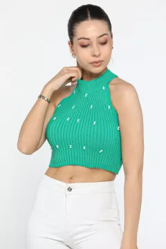 İnci Detaylı Mevsimlik Kadın Triko Crop Bluz Yeşil