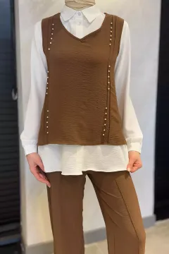 İncili Gömlek Süveter Pantolon Tesettür Üçlü Takım Kahve