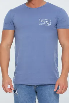 Erkek Likralı Bisiklet Yaka Baskılı T-shirt İndigo
