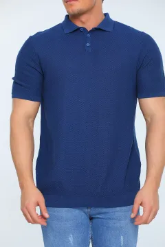 Erkek Likralı Polo Yaka Mevsimlik Triko T-shirt İndigo