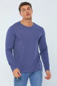 Erkek Likralı V Yaka Uzun Kollu Basic Body Sweatshirt İndigo