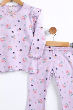 İspanyol Paça Fırfırlı Kız Çocuk Desenli Pantolon Bluz İkili Takım Lila