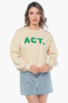 Kadın Act Kabartma Baskılı Şardonlu Sweatshirt Taş