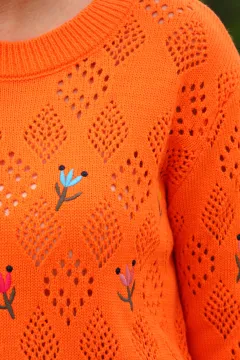 Kadın Ajurlu Çiçek Desenli Triko Kazak Orange