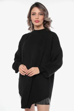 Kadın Alt Asimetrik Kesim Zincir Detaylı Trıko Bluz Siyah