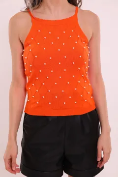 Kadın Askılı Taş Detaylı Mevsimlik Crop Triko Bluz Orange