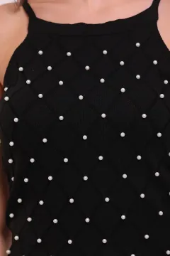 Kadın Askılı Taş Detaylı Mevsimlik Crop Triko Bluz Siyah