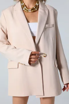 Kadın Astarı Desenli Blazer Ceket Bej