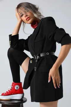 Kadın Astarı Desenli Blazer Ceket Siyah