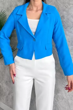 Kadın Astarlı Crop Blazer Ceket Mavi