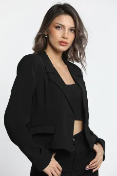 Kadın Astarlı Crop Blazer Ceket Siyah