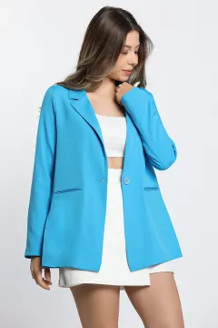 Kadın Astarlı Düğmeli Blazer Ceket Mavi