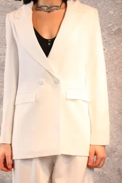 Kadın Astarlı Düğmeli Blazer Ceket Krem