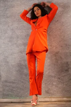 Kadın Astarlı Kenerları Katlı Uzun Blazer Ceket Orange