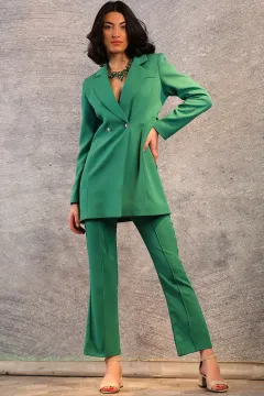 Kadın Astarlı Kenerları Katlı Uzun Blazer Ceket Yeşil