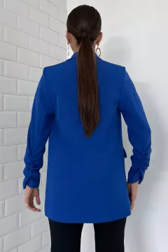 Kadın Astarlı Kol Büzgü Detaylı Blazer Ceket Saksmavisi