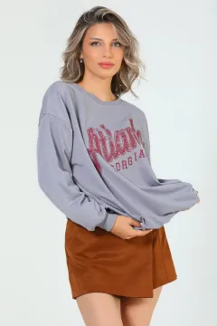 Kadın Atlanta Baskılı Salaş Sweatshirt Gri
