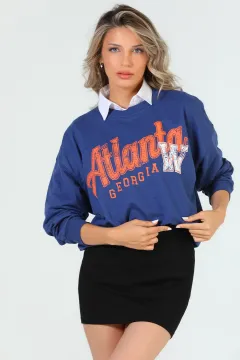 Kadın Atlanta Baskılı Salaş Sweatshirt İndigo