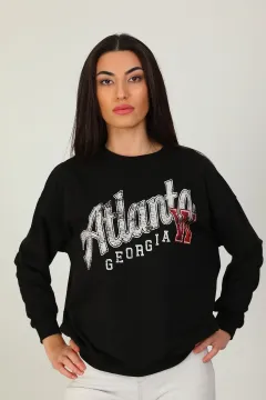 Kadın Atlanta Baskılı Salaş Sweatshirt Siyah