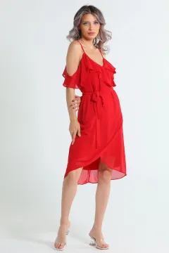 Kadın Ayarlanabilir Askılı Bel Kuşaklı Şifon Abiye Elbise Kırmızı
