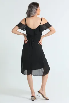 Kadın Ayarlanabilir Askılı Bel Kuşaklı Şifon Abiye Elbise Siyah