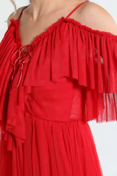 Kadın Ayarlanabilir Askılı Tüllü Abiye Elbise Kırmızı
