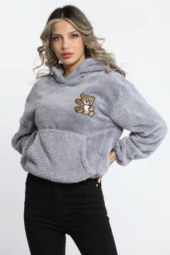 Kadın Ayıcık Nakışlı Kapüşonlu Kanguru Cepli Pelüş Welsoft Sweatshirt Gri