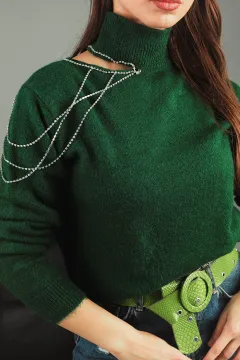 Kadın Balıkçı Yaka Boyun Dekolteli Aksesuar Detaylı Salaş Triko Bluz Koyuyeşil