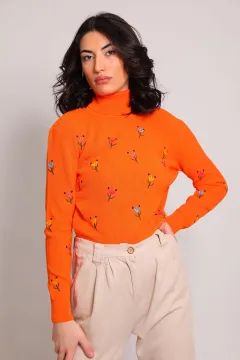 Kadın Balıkçı Yaka Çiçek Nakışlı Triko Bluz Orange