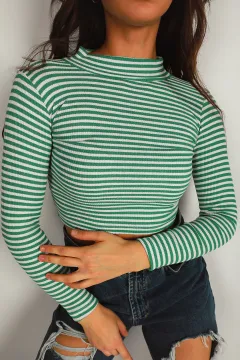 Kadın Balıkçı Yaka Çizgili Crop Bluz Yeşil