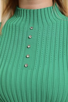 Kadın Balıkçı Yaka Ön Taşlı Fitilli Triko Bluz Yeşil
