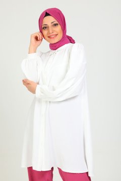 Kadın Balon Kol Klasik Tesettür Tunik Gömlek Beyaz
