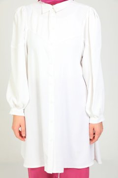 Kadın Balon Kol Klasik Tesettür Tunik Gömlek Beyaz