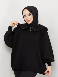 Kadın Balon Kol Salaş Triko Bluz Siyah