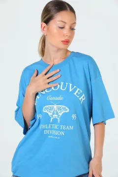 Kadın Baskılı Oversize T-shirt İndigo